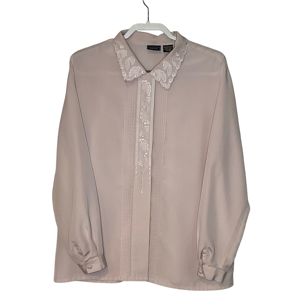 VTG LAURA SCOTT women's blouse button scalloped embroidered pink tuxedo shirt 18